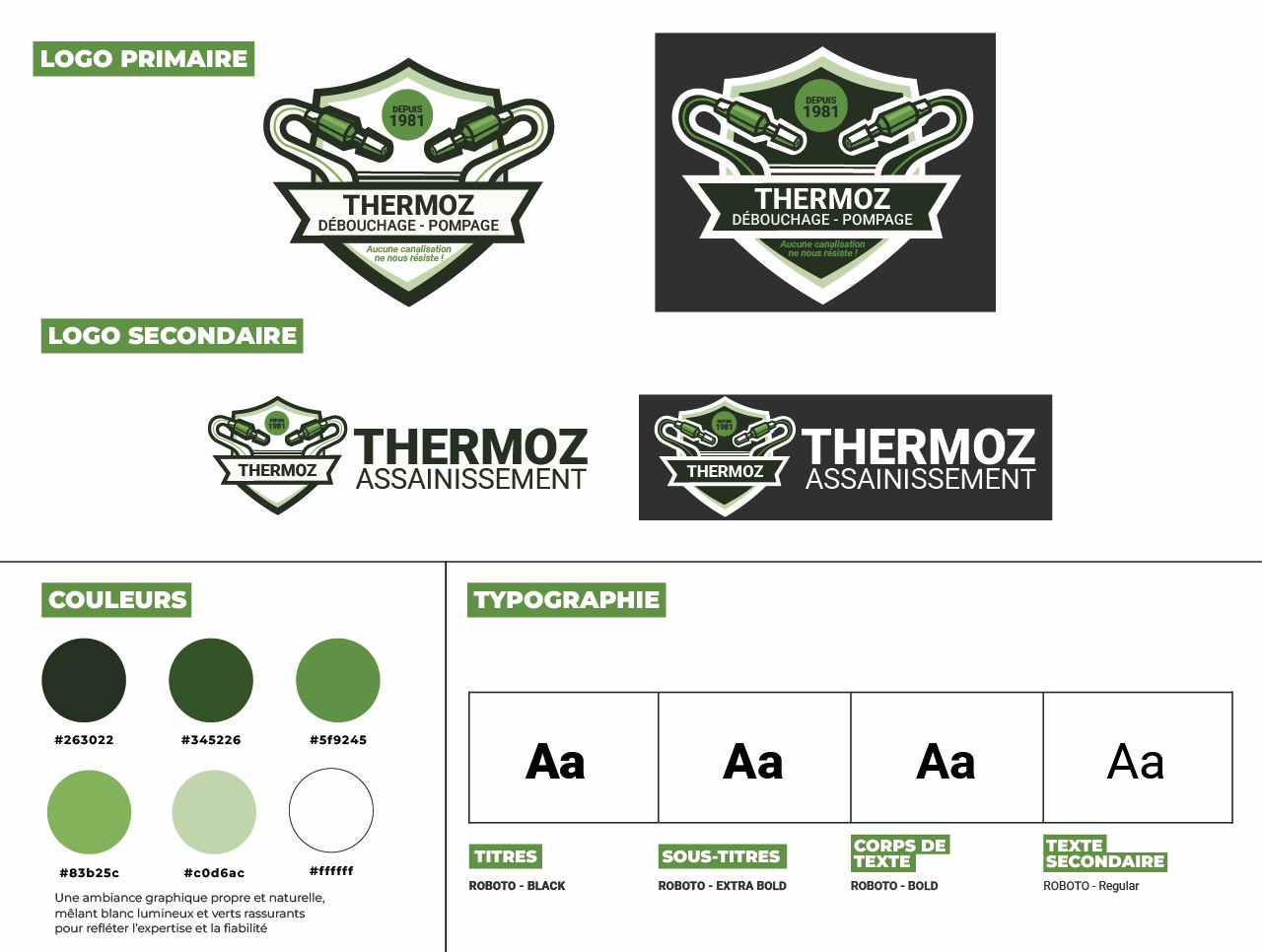 identité visuelle THERMOZ Assainissement, logo, branding, communication visuelle, supports print et digital, design graphique, marketing local, Clicher Studio, Savoie identité visuelle THERMOZ Assainissement, logo, branding, communication visuelle, supports print et digital, design graphique, marketing local, Clicher Studio, Savoie
